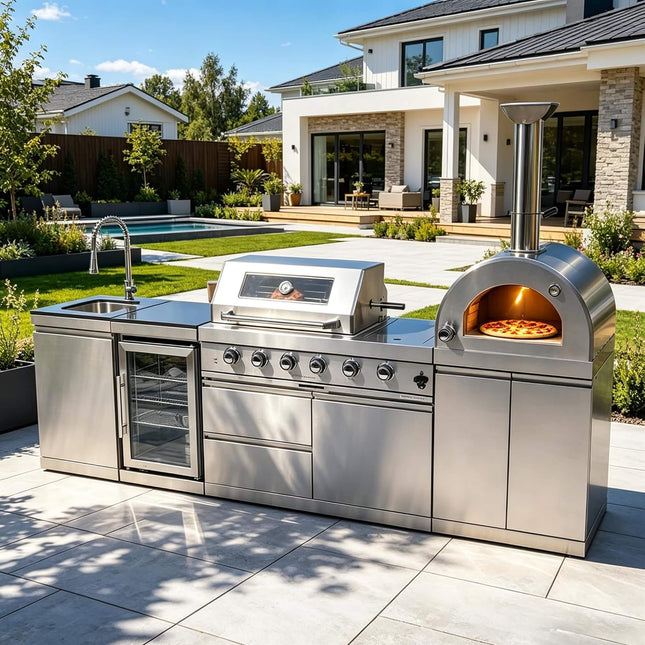 Blazon 112-Inch 4-Burner 108K BTU Outdoor Kitchen Island With Pizza Oven, Rotisserie & Refrigerator (SAK94565) - Outdoor Kitchen Islands | Patioza