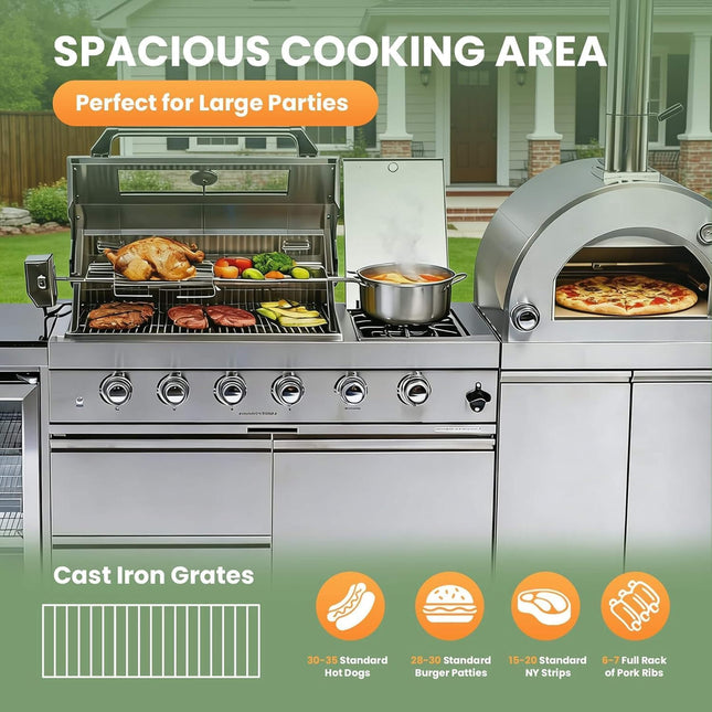 Blazon 112-Inch 4-Burner 108K BTU Outdoor Kitchen Island With Pizza Oven, Rotisserie & Refrigerator (SAK94565) - Outdoor Kitchen Islands | Patioza