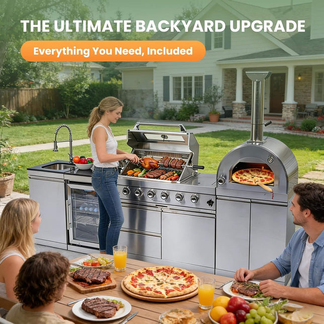 Blazon 112-Inch 4-Burner 108K BTU Outdoor Kitchen Island With Pizza Oven, Rotisserie & Refrigerator (SAK94565) - Outdoor Kitchen Islands | Patioza