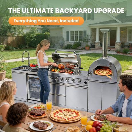 Blazon 112-Inch 4-Burner 108K BTU Outdoor Kitchen Island With Pizza Oven, Rotisserie & Refrigerator (SAK94565) - Outdoor Kitchen Islands | Patioza