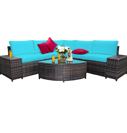 6 Piece Wicker Patio Sectional Sofa Set with Tempered Glass Coffee Table - Turquoise - Patio Furniture | Patioza