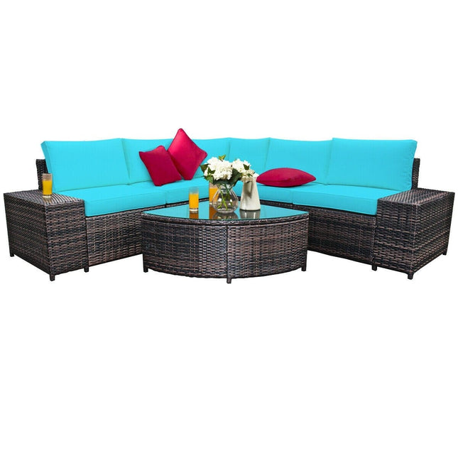 6 Piece Wicker Patio Sectional Sofa Set with Tempered Glass Coffee Table - Turquoise - Patio Furniture | Patioza