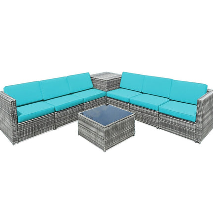 8 Piece Wicker Sofa Rattan Dinning Set Patio Furniture with Storage Table - Turquoise - Patio Furniture | Patioza