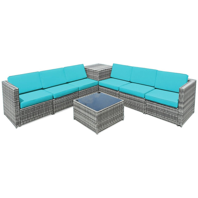 8 Piece Wicker Sofa Rattan Dinning Set Patio Furniture with Storage Table - Turquoise - Patio Furniture | Patioza