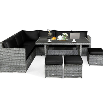 7 Pieces Patio Rattan Dining Furniture Sectional Sofa Set with Wicker Ottoman - Black - Patio Furniture | Patioza