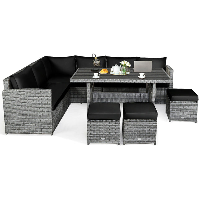 7 Pieces Patio Rattan Dining Furniture Sectional Sofa Set with Wicker Ottoman - Black - Patio Furniture | Patioza