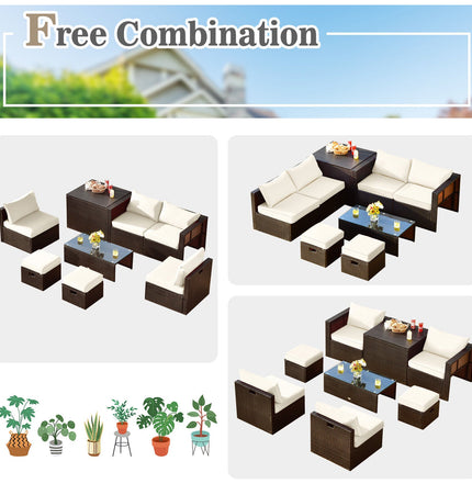 8 Pieces Patio Space - Saving Rattan Furniture Set with Storage Box and Waterproof Cover - White - Patio Furniture | Patioza