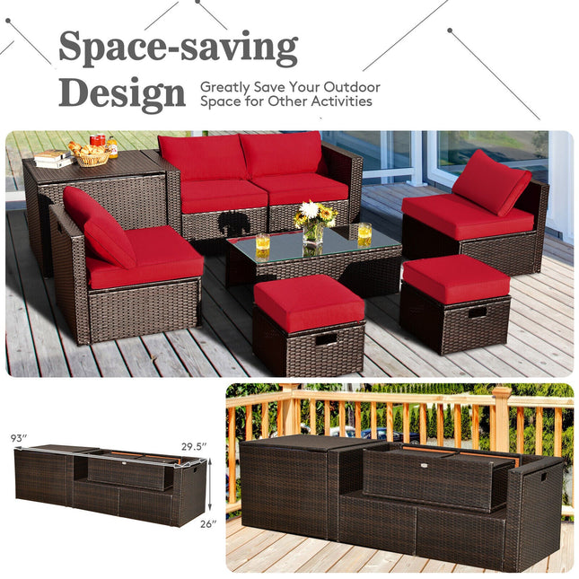 8 Pieces Patio Space - Saving Rattan Furniture Set with Storage Box and Waterproof Cover - Red - Patio Furniture | Patioza