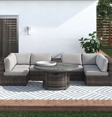 All Weather 4 Person Patio Sofa Set With Fire Pit And Side Table Rustproof - Brown