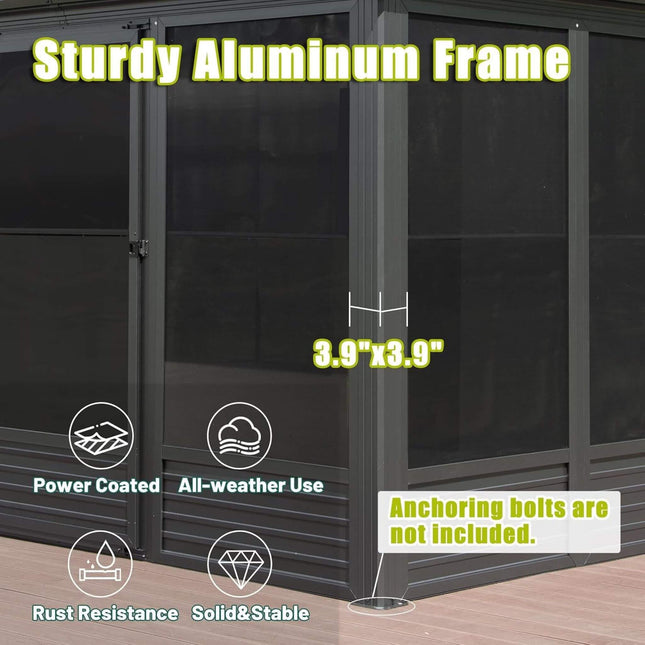 [11X14FT] Alora Meridian Premium Four Season Outdoor Aluminum Hardtop Gazebo Sunroom With Galvanized Steel Roof, Sliding Doors And Movable PVC Screen Walls (SAK88776) - Sunrooms | Patioza