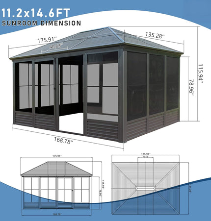 [11X14FT] Alora Meridian Premium Four Season Outdoor Aluminum Hardtop Gazebo Sunroom With Galvanized Steel Roof, Sliding Doors And Movable PVC Screen Walls (SAK88776) - Sunrooms | Patioza