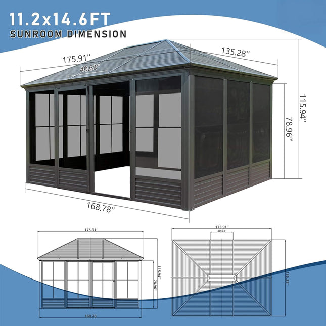[11X14FT] Alora Meridian Premium Four Season Outdoor Aluminum Hardtop Gazebo Sunroom With Galvanized Steel Roof, Sliding Doors And Movable PVC Screen Walls (SAK88776) - Sunrooms | Patioza