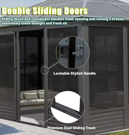 [11X14FT] Alora Meridian Premium Four Season Outdoor Aluminum Hardtop Gazebo Sunroom With Galvanized Steel Roof, Sliding Doors And Movable PVC Screen Walls (SAK88776) - Sunrooms | Patioza
