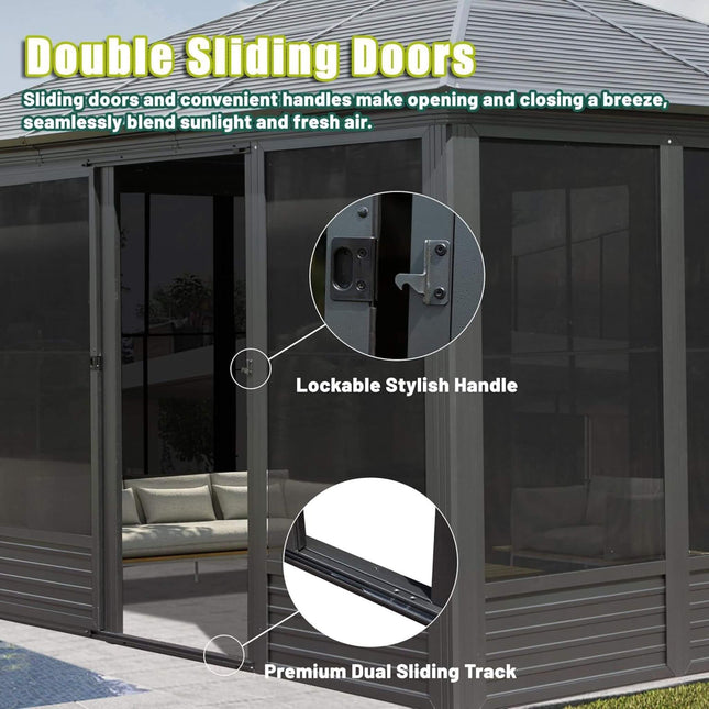 [11X14FT] Alora Meridian Premium Four Season Outdoor Aluminum Hardtop Gazebo Sunroom With Galvanized Steel Roof, Sliding Doors And Movable PVC Screen Walls (SAK88776) - Sunrooms | Patioza