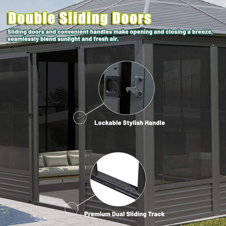 [11X14FT] Alora Meridian Premium Four Season Outdoor Aluminum Hardtop Gazebo Sunroom With Galvanized Steel Roof, Sliding Doors And Movable PVC Screen Walls (SAK88776) - Sunrooms | Patioza