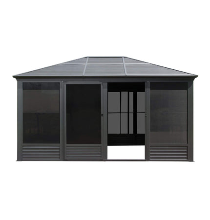 [11X14FT] Alora Meridian Premium Four Season Outdoor Aluminum Hardtop Gazebo Sunroom With Galvanized Steel Roof, Sliding Doors And Movable PVC Screen Walls (SAK88776) - Sunrooms | Patioza