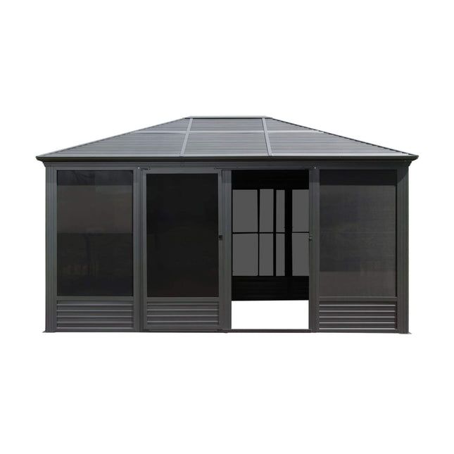 [11X14FT] Alora Meridian Premium Four Season Outdoor Aluminum Hardtop Gazebo Sunroom With Galvanized Steel Roof, Sliding Doors And Movable PVC Screen Walls (SAK88776) - Sunrooms | Patioza