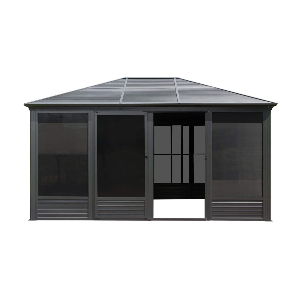 [11X14FT] Alora Meridian Premium Four Season Outdoor Aluminum Hardtop Gazebo Sunroom With Galvanized Steel Roof, Sliding Doors And Movable PVC Screen Walls (SAK88776) - Sunrooms | Patioza