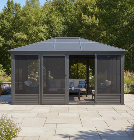 [11X14FT] Alora Meridian Premium Four Season Outdoor Aluminum Hardtop Gazebo Sunroom With Galvanized Steel Roof, Sliding Doors And Movable PVC Screen Walls (SAK88776) - Sunrooms | Patioza