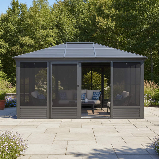 [11X14FT] Alora Meridian Premium Four Season Outdoor Aluminum Hardtop Gazebo Sunroom With Galvanized Steel Roof, Sliding Doors And Movable PVC Screen Walls (SAK88776) - Sunrooms | Patioza