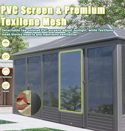 [11X14FT] Alora Meridian Premium Four Season Outdoor Aluminum Hardtop Gazebo Sunroom With Galvanized Steel Roof, Sliding Doors And Movable PVC Screen Walls (SAK88776) - Sunrooms | Patioza