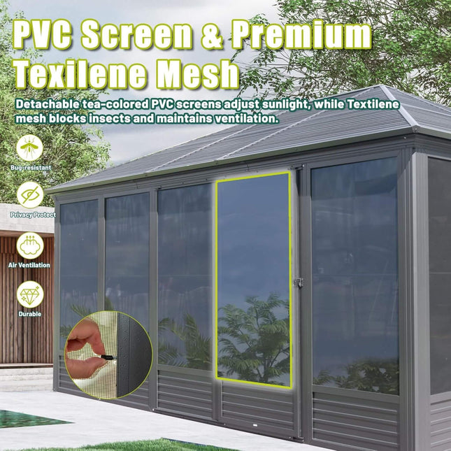 [11X14FT] Alora Meridian Premium Four Season Outdoor Aluminum Hardtop Gazebo Sunroom With Galvanized Steel Roof, Sliding Doors And Movable PVC Screen Walls (SAK88776) - Sunrooms | Patioza