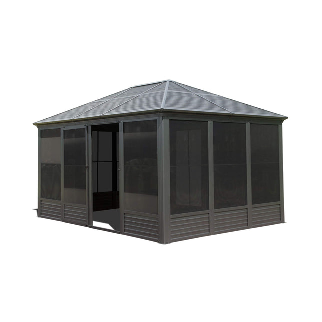 [11X14FT] Alora Meridian Premium Four Season Outdoor Aluminum Hardtop Gazebo Sunroom With Galvanized Steel Roof, Sliding Doors And Movable PVC Screen Walls (SAK88776) - Sunrooms | Patioza