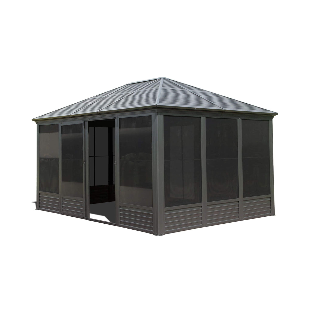 [11X14FT] Alora Meridian Premium Four Season Outdoor Aluminum Hardtop Gazebo Sunroom With Galvanized Steel Roof, Sliding Doors And Movable PVC Screen Walls (SAK88776) - Sunrooms | Patioza