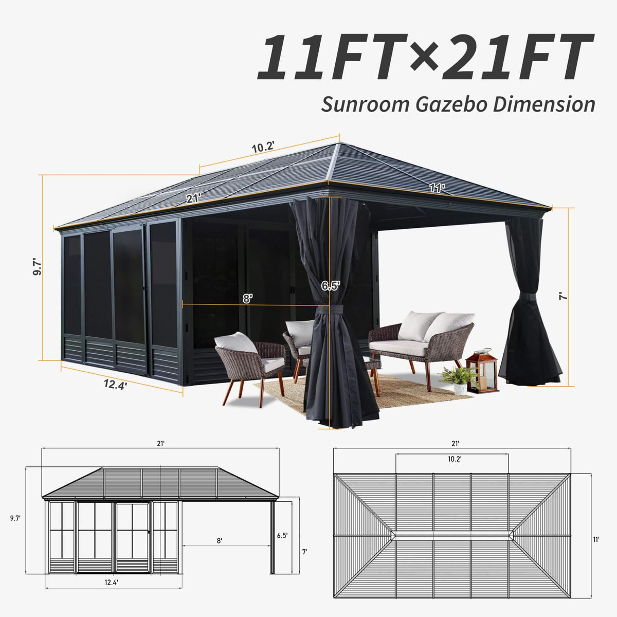 [11X21FT] Alora Outdoor All - Season Solarium Sunroom Gazebo With Galvanized Steel Roof (SAK42018) - Gazebos | Patioza