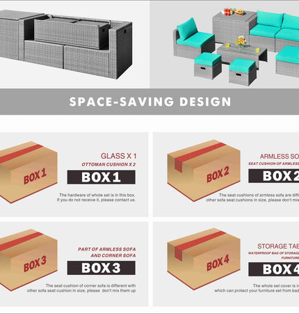 8 Pieces Patio Rattan Furniture Set with Storage Waterproof Cover and Cushion - Turquoise - Patio Furniture | Patioza