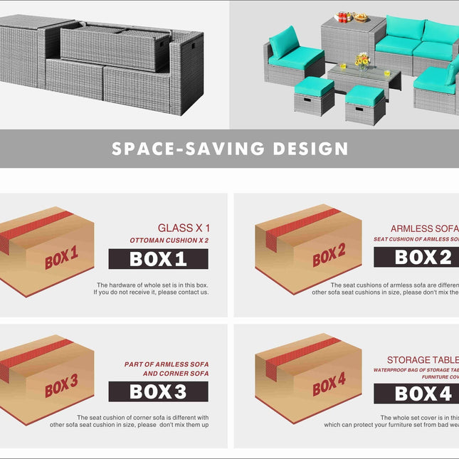 8 Pieces Patio Rattan Furniture Set with Storage Waterproof Cover and Cushion - Turquoise - Patio Furniture | Patioza