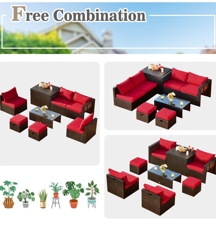 8 Pieces Patio Space - Saving Rattan Furniture Set with Storage Box and Waterproof Cover - Red - Patio Furniture | Patioza