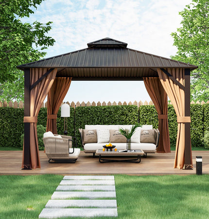 12 x 12 Feet Double - Roof Patio Hardtop Gazebo with Galvanized Steel Roof Netting and Curtains - Coffee - Gazebos | Patioza