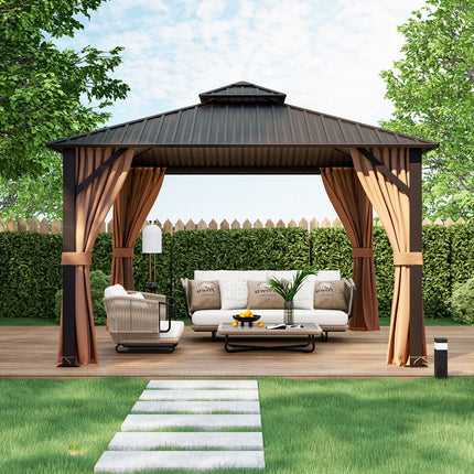 12 x 12 Feet Double - Roof Patio Hardtop Gazebo with Galvanized Steel Roof Netting and Curtains - Coffee - Gazebos | Patioza