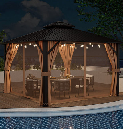 12 x 12 Feet Double - Roof Patio Hardtop Gazebo with Galvanized Steel Roof Netting and Curtains - Coffee - Gazebos | Patioza