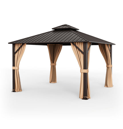 12 x 12 Feet Double - Roof Patio Hardtop Gazebo with Galvanized Steel Roof Netting and Curtains - Coffee - Gazebos | Patioza