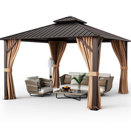 12 x 12 Feet Double - Roof Patio Hardtop Gazebo with Galvanized Steel Roof Netting and Curtains - Coffee - Gazebos | Patioza