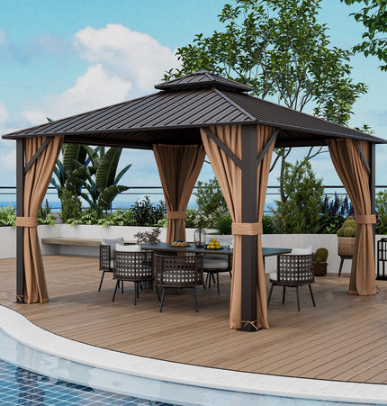 12 x 12 Feet Double - Roof Patio Hardtop Gazebo with Galvanized Steel Roof Netting and Curtains - Coffee - Gazebos | Patioza