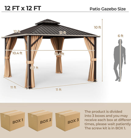12 x 12 Feet Double - Roof Patio Hardtop Gazebo with Galvanized Steel Roof Netting and Curtains - Coffee - Gazebos | Patioza