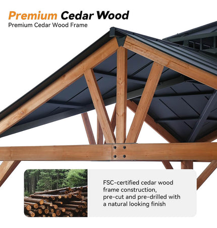 [12X12FT] Alora Premium Outdoor Cedar Wood Hardtop Gazebo With Galvanized Steel Roof (SAK31864) - Gazebos | Patioza