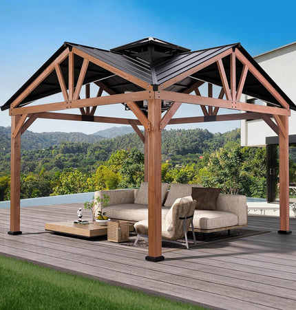 [12X12FT] Alora Premium Outdoor Cedar Wood Hardtop Gazebo With Galvanized Steel Roof (SAK31864) - Gazebos | Patioza