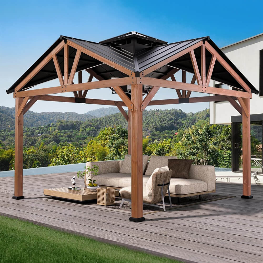 [12X12FT] Alora Premium Outdoor Cedar Wood Hardtop Gazebo With Galvanized Steel Roof (SAK31864) - Gazebos | Patioza