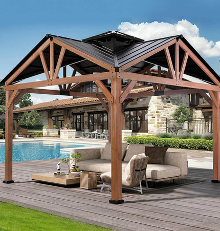 [12X12FT] Alora Premium Outdoor Cedar Wood Hardtop Gazebo With Galvanized Steel Roof (SAK31864) - Gazebos | Patioza