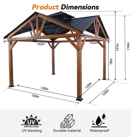 [12X12FT] Alora Premium Outdoor Cedar Wood Hardtop Gazebo With Galvanized Steel Roof (SAK31864) - Gazebos | Patioza