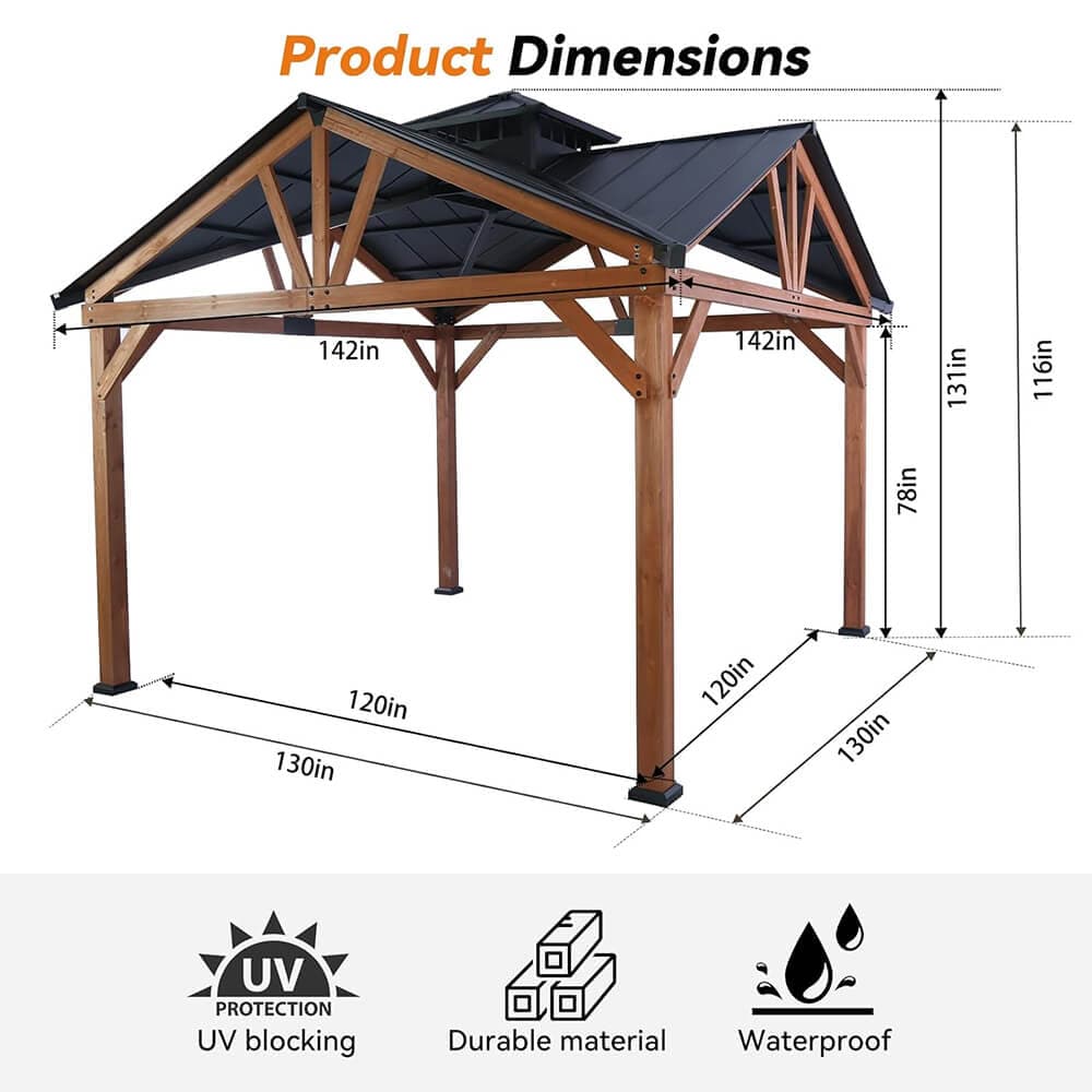[12X12FT] Alora Premium Outdoor Cedar Wood Hardtop Gazebo With Galvanized Steel Roof (SAK31864) - Gazebos | Patioza