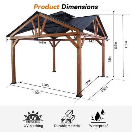 [12X12FT] Alora Premium Outdoor Cedar Wood Hardtop Gazebo With Galvanized Steel Roof (SAK31864) - Gazebos | Patioza