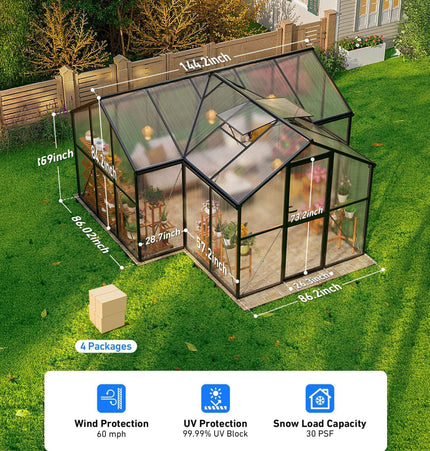 12x12 Ft. Premium T-Shape Polycarbonate Greenhouse with UV Protection and Aluminum Frame
