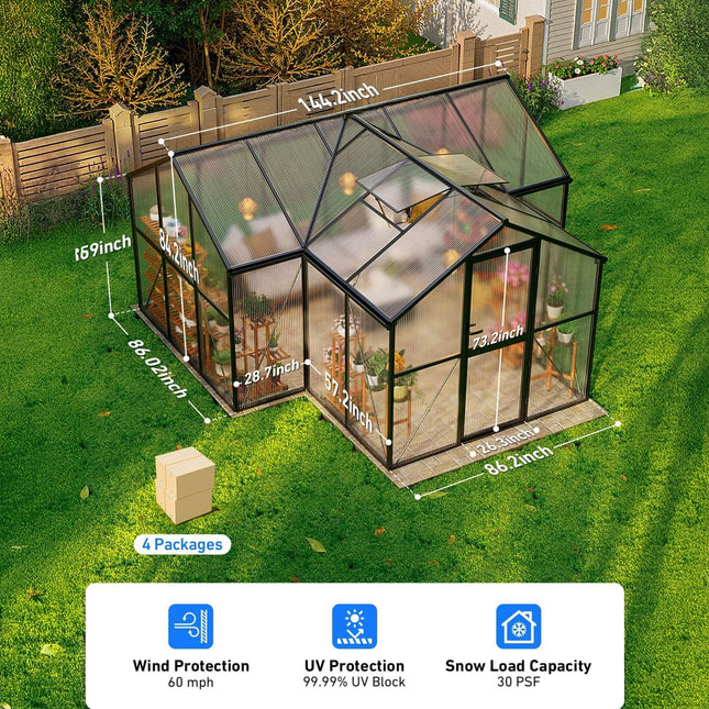 12x12 Ft. Premium T-Shape Polycarbonate Greenhouse with UV Protection and Aluminum Frame