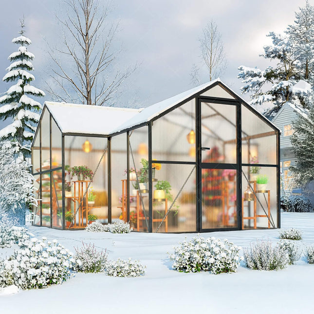12x12 Ft. Premium T-Shape Polycarbonate Greenhouse with UV Protection and Aluminum Frame