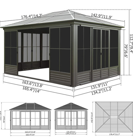 Alora Serenity 12x14 Ft. Premium All-Weather Outdoor Aluminum Sunroom with Galvanized Steel Hardtop Sloping Roof